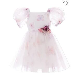 Tulleen Pink Floral Tulle Party Dress with Puff Sleeves
